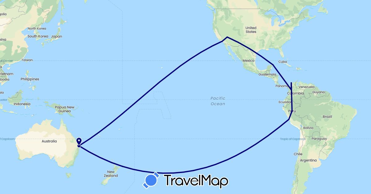 TravelMap itinerary: driving in Australia, Colombia, Mexico, Peru, United States (North America, Oceania, South America)